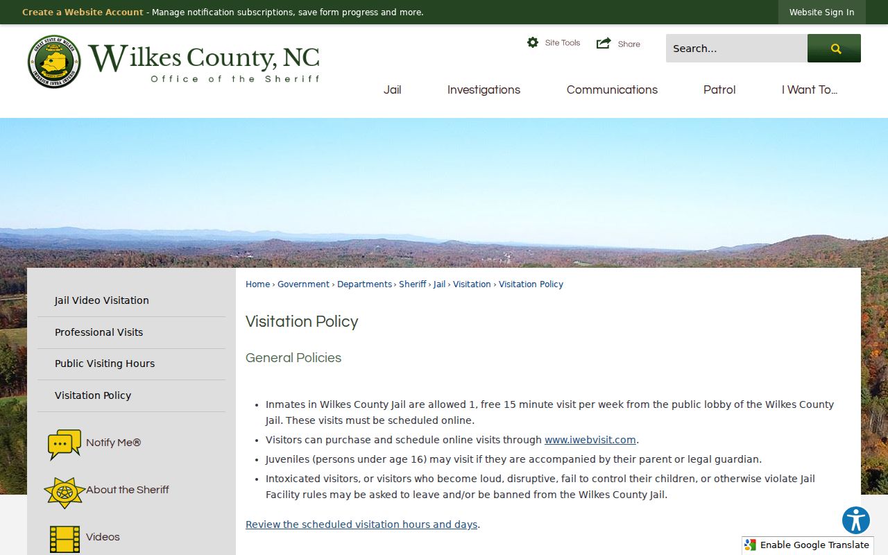 Wilkes County Jail policy for current arrest custody visits