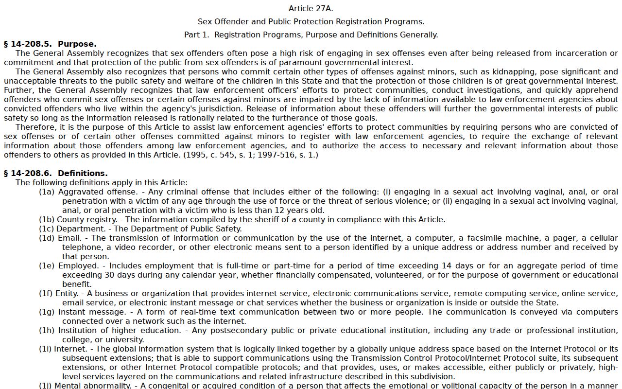 North Carolina Article 27A rules for Wilkes County sex offender registration